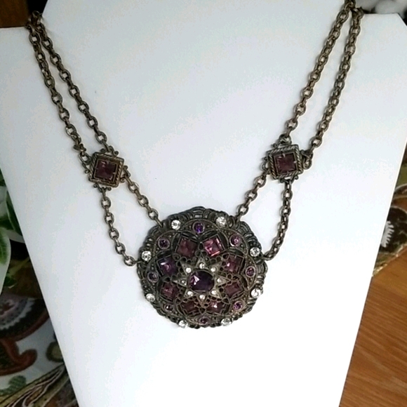 Vintage Antique 1920s Art Deco Gold Tone Brass Rhinestone Medallion Necklace - Picture 10 of 16